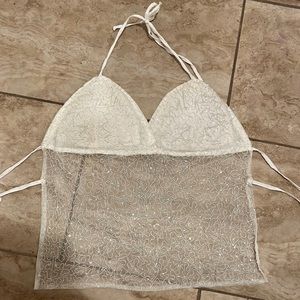Y2K Backless beaded halter mesh white open back
